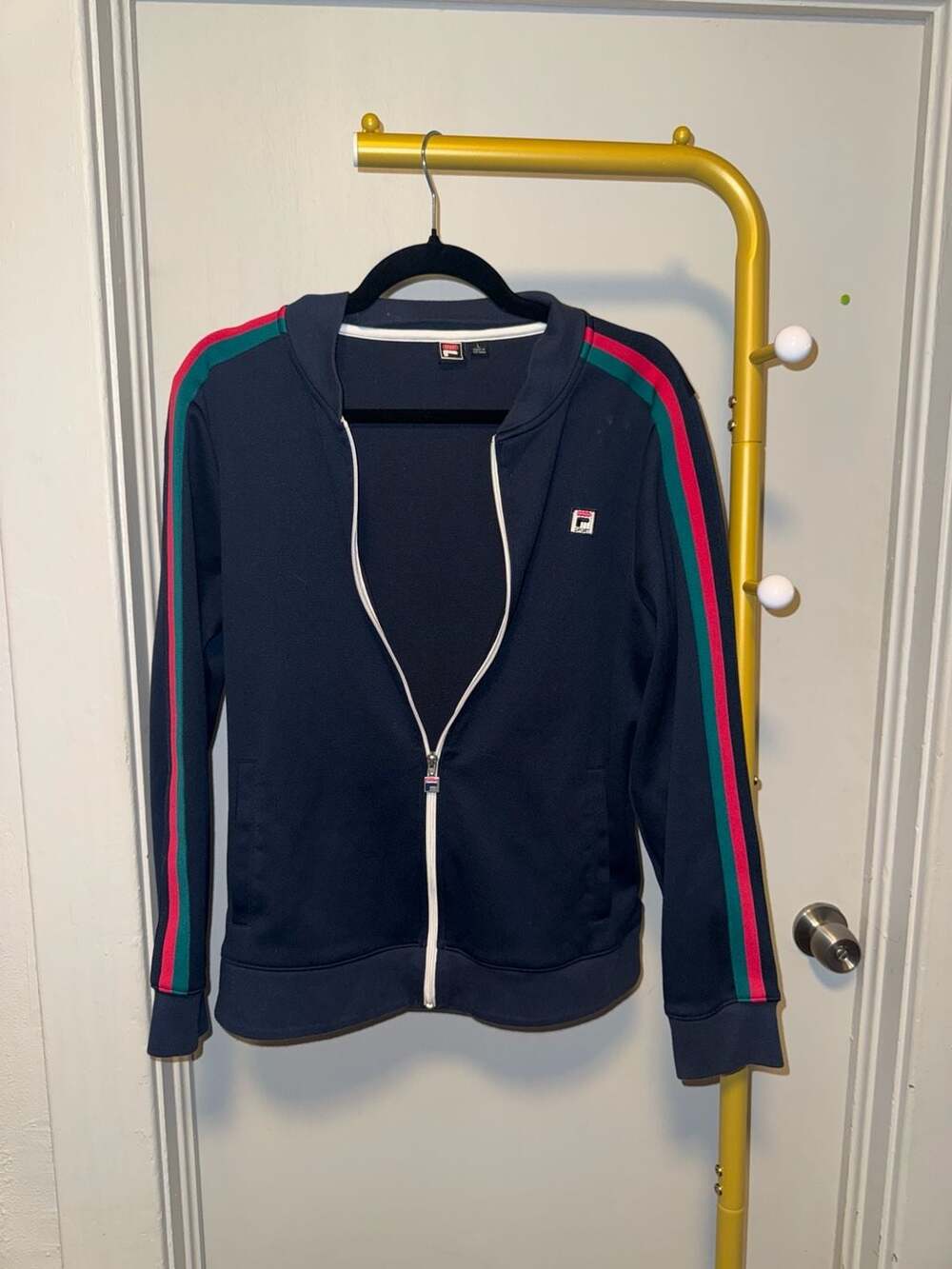 Women’s Fila Sport Navy Blue Track Jacket pink&teal Sleeve Stripes large